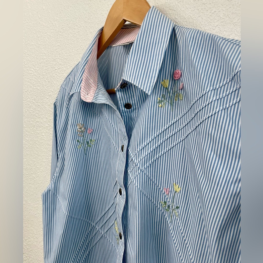 Koret City Blues Blue and White Striped Button-Up Shirt with Embroidered Flowers